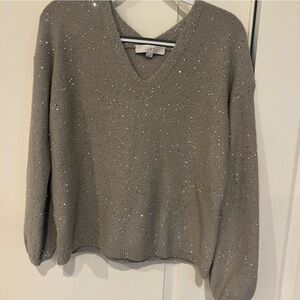 LOFT Taupe V-Neck Sweater with Sparkle